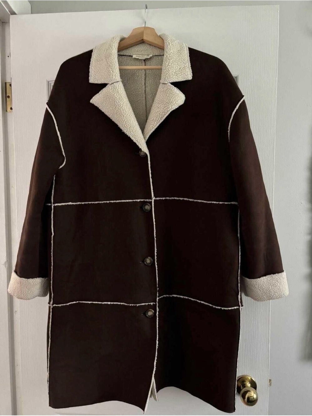 Jones New York Brown Faux Shearling Teddy Coat with Cream Trim